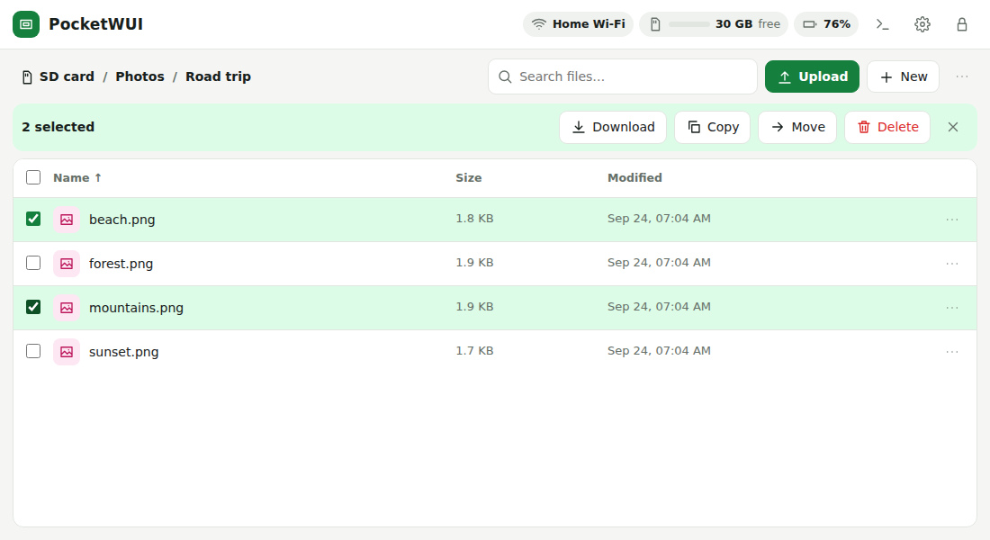 PocketWUI file list in a desktop browser